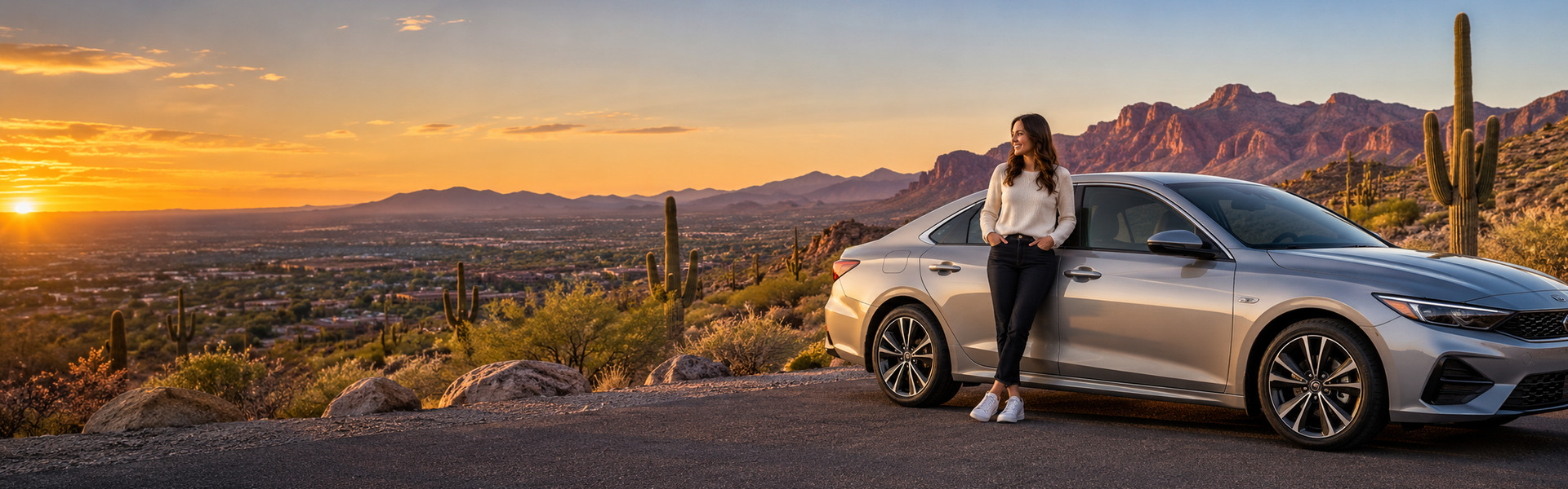 Driver beside her sedan in the Arizona desert