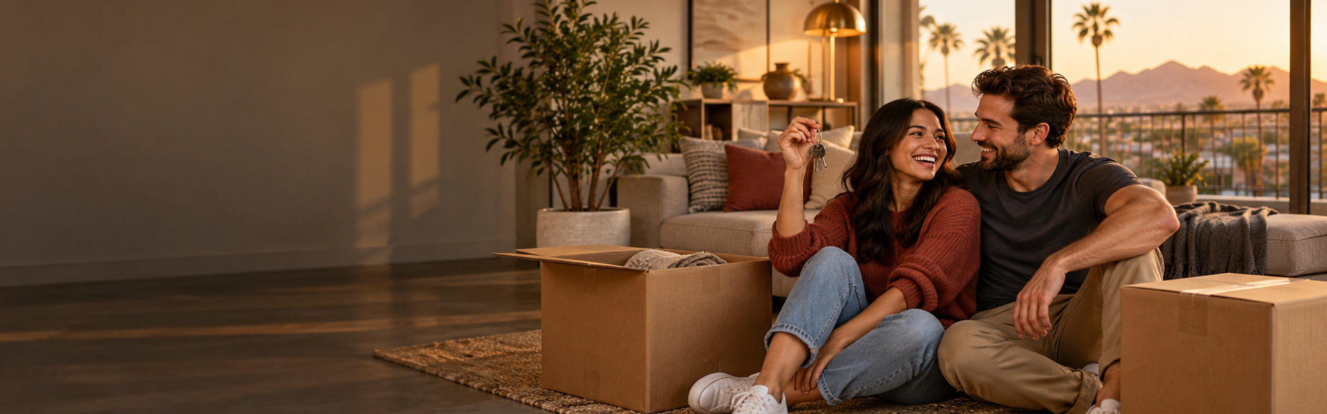 Couple with moving boxes in their new apartment