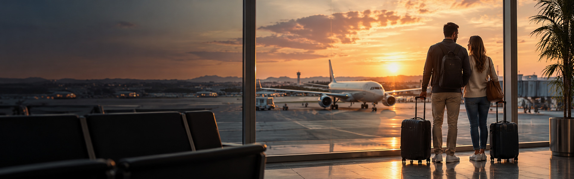 Travelers with luggage at an airport window